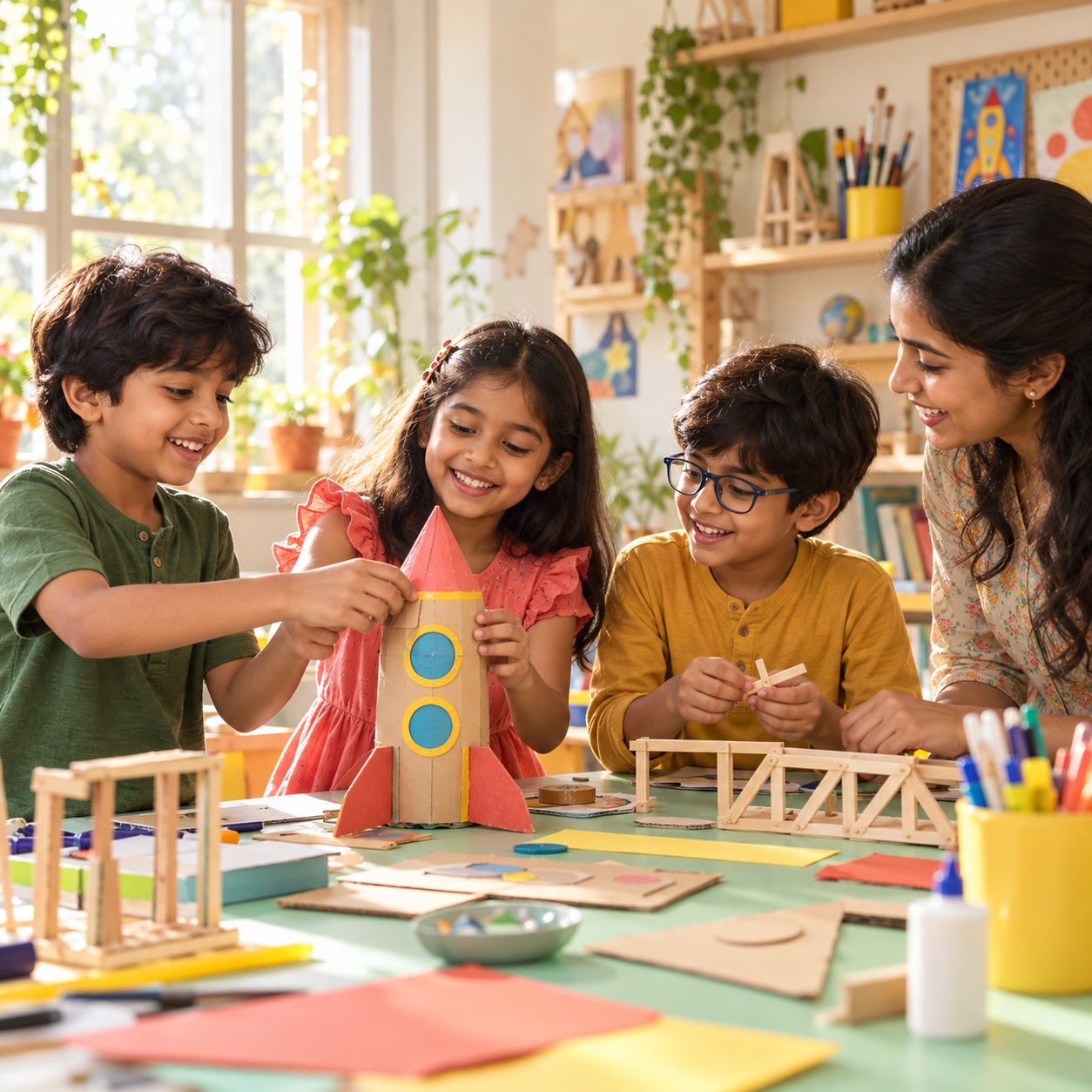 Illustrative image of children building a rocket together in a sunny maker studio